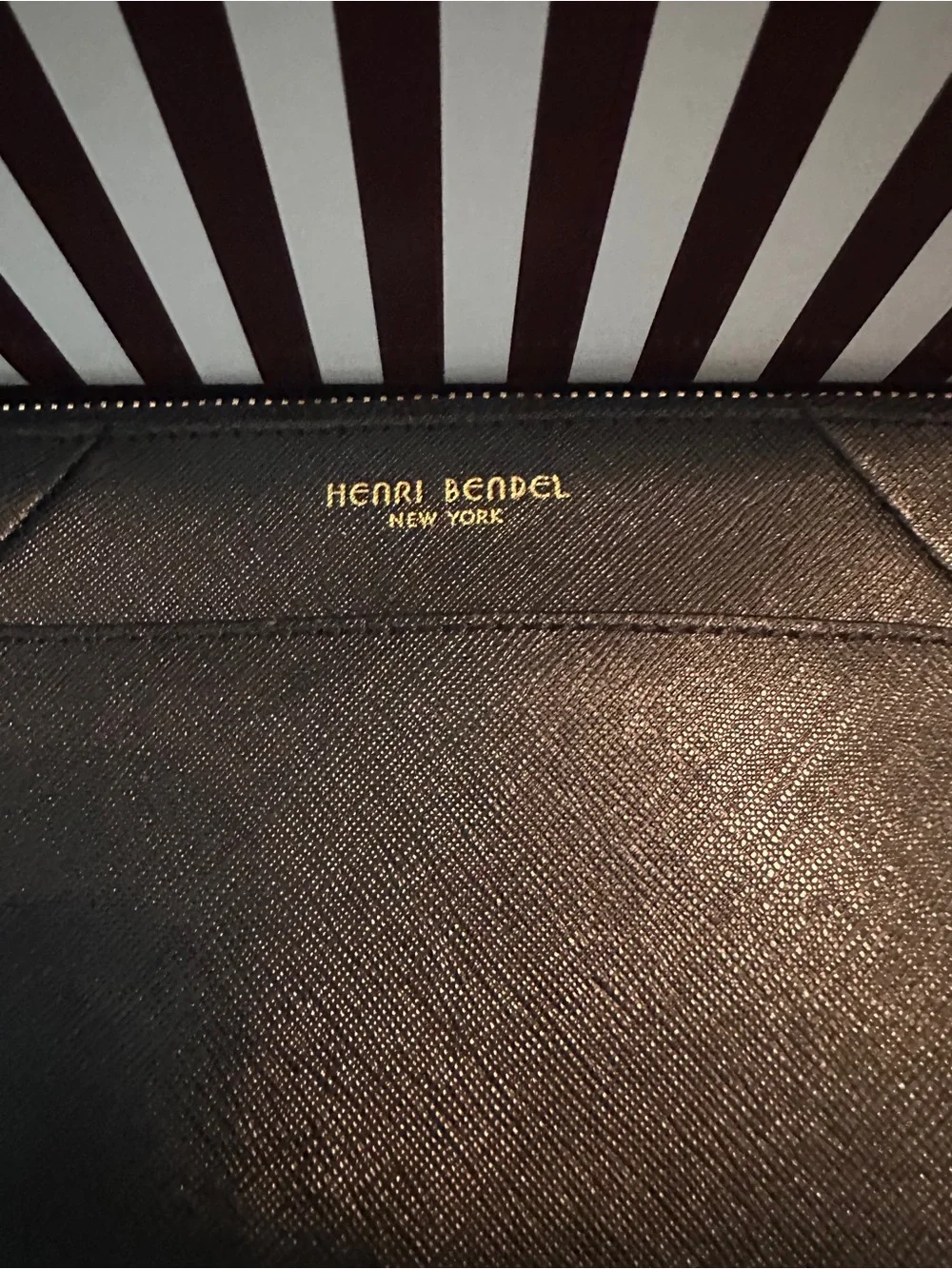 henri bendel Black Leather Zip Wallet with Gold Hardware